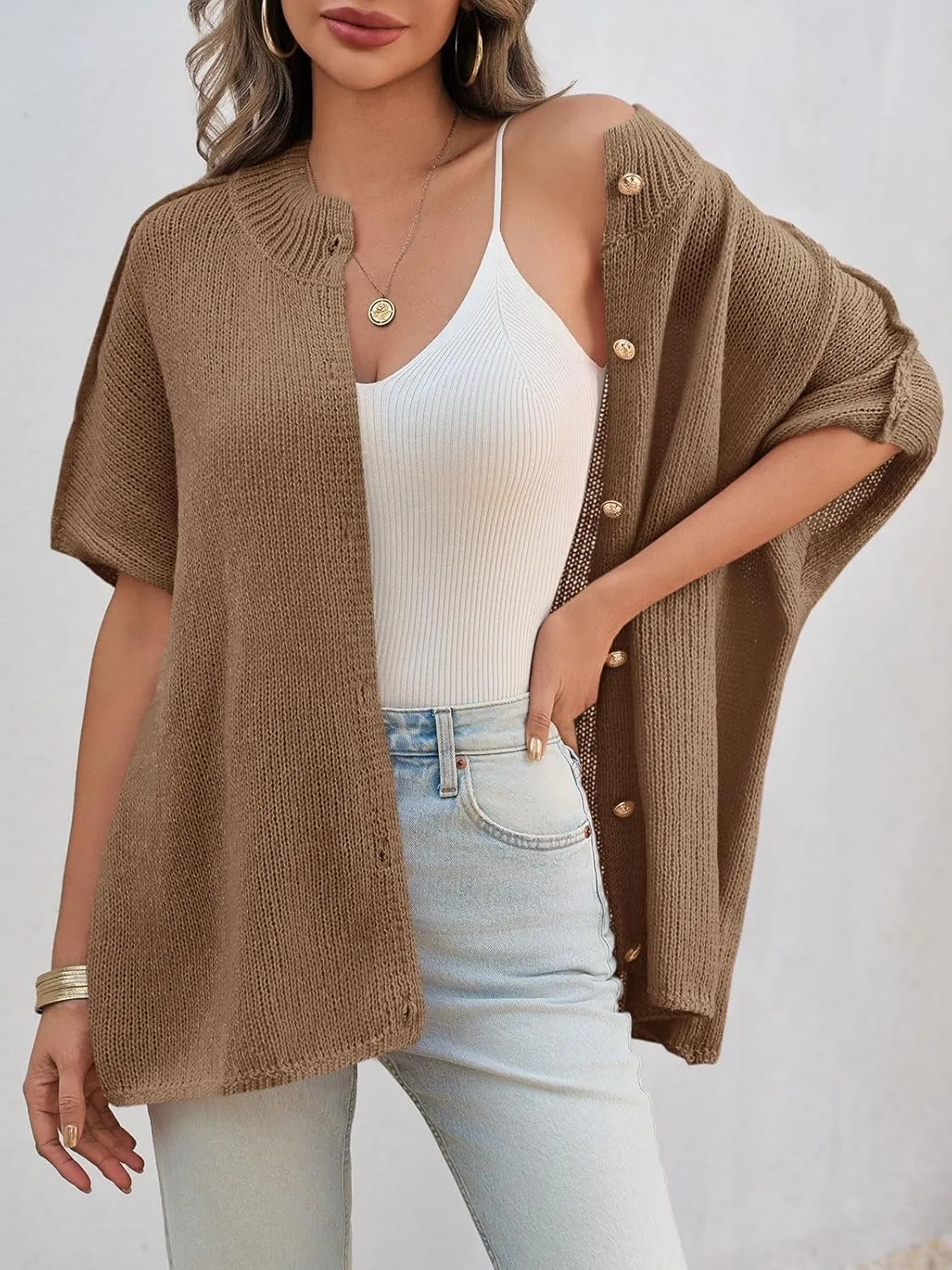 Saodimallsu Womens Oversized Cardigan Sweaters Short Sleeve Button Down Casual Lightweight Loose Knit Trendy Cardigans