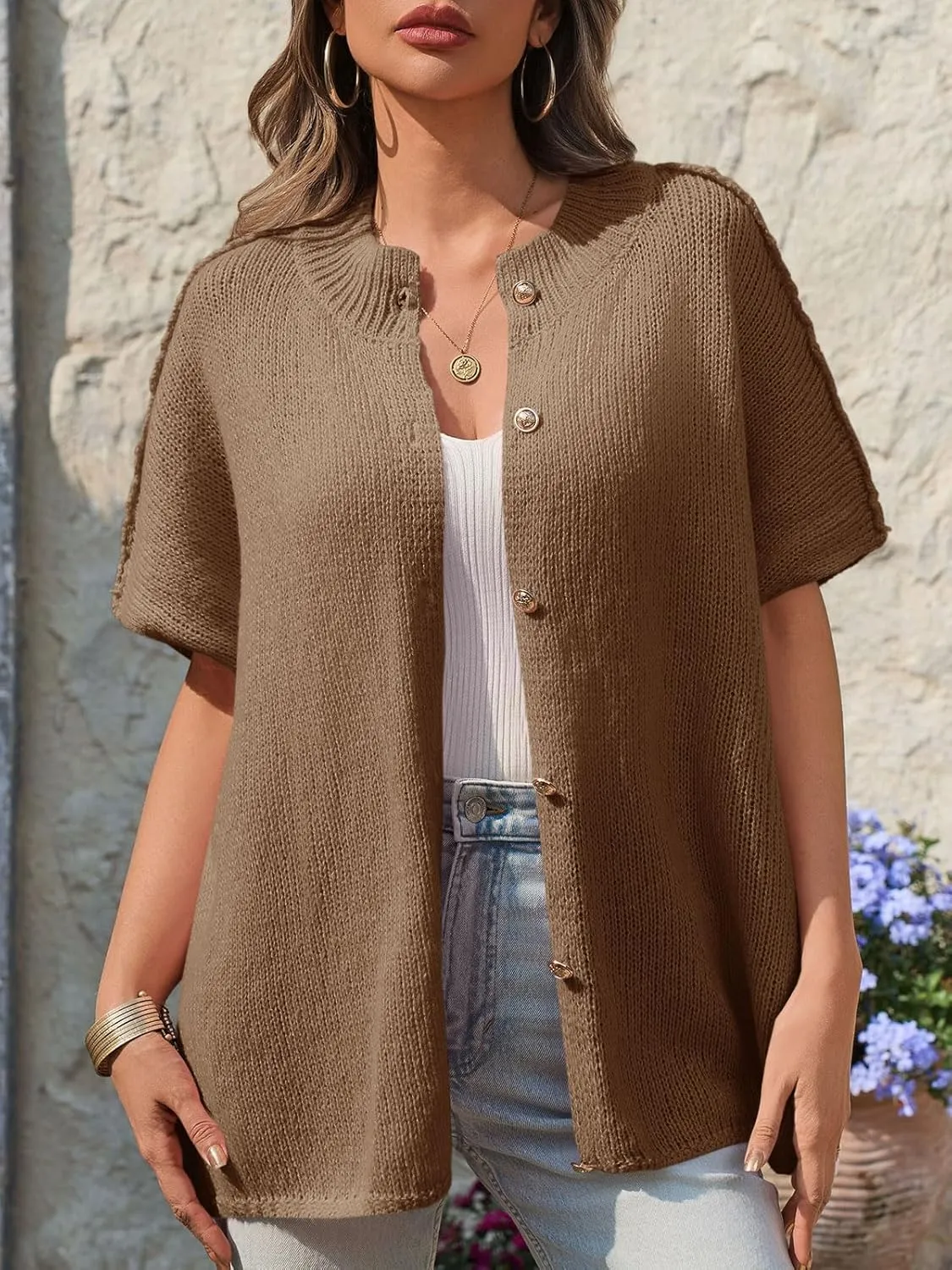 Saodimallsu Womens Oversized Cardigan Sweaters Short Sleeve Button Down Casual Lightweight Loose Knit Trendy Cardigans