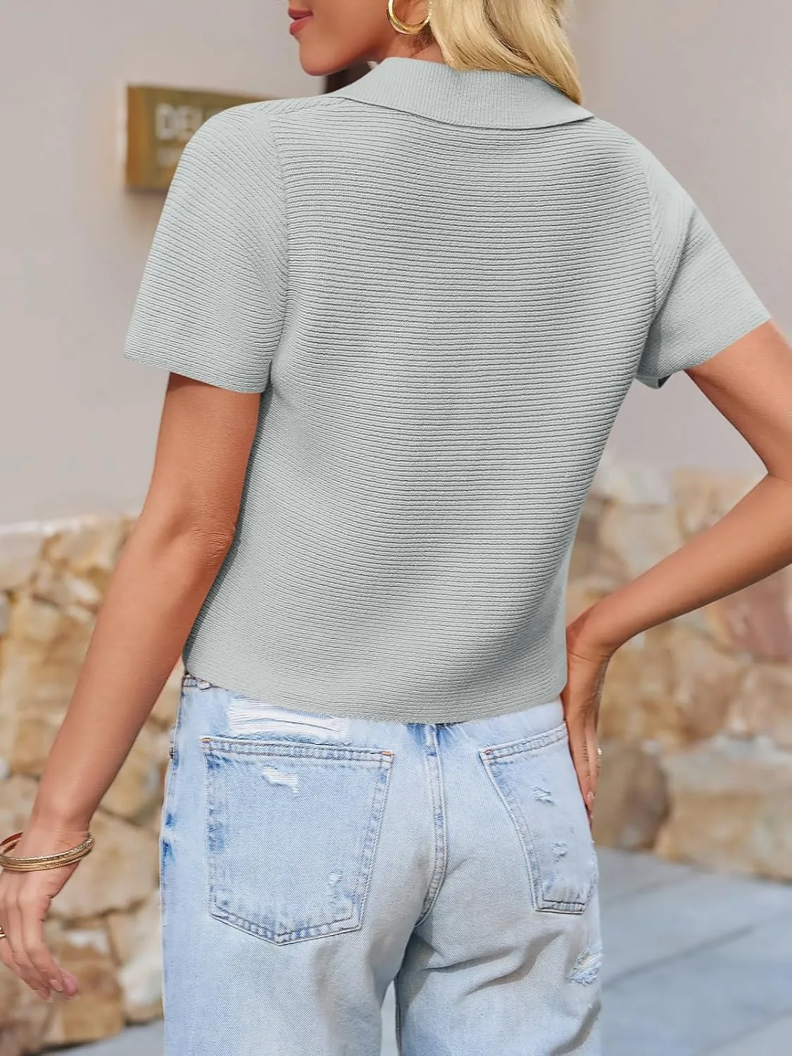 Saodimallsu Womens Short Sleeve Cropped Cardigans Casual Summer Button Down Collared Lightweight Loose Knit Sweater Top