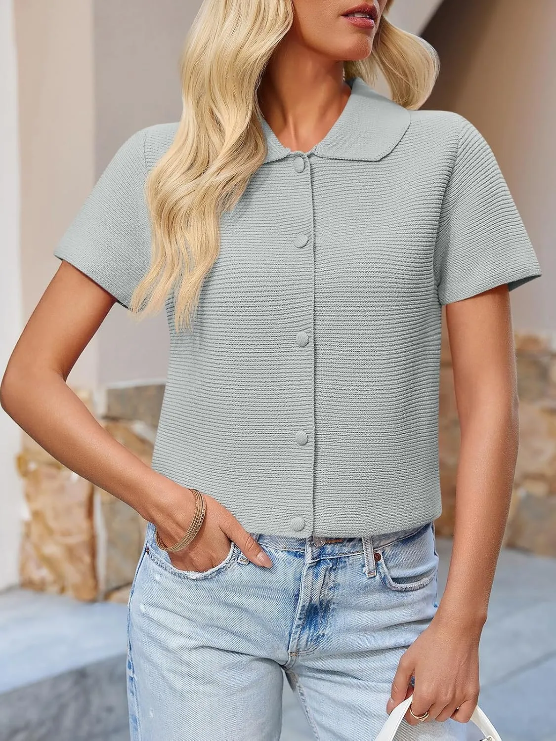 Saodimallsu Womens Short Sleeve Cropped Cardigans Casual Summer Button Down Collared Lightweight Loose Knit Sweater Top