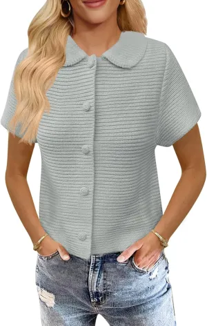 Saodimallsu Womens Short Sleeve Cropped Cardigans Casual Summer Button Down Collared Lightweight Loose Knit Sweater Top