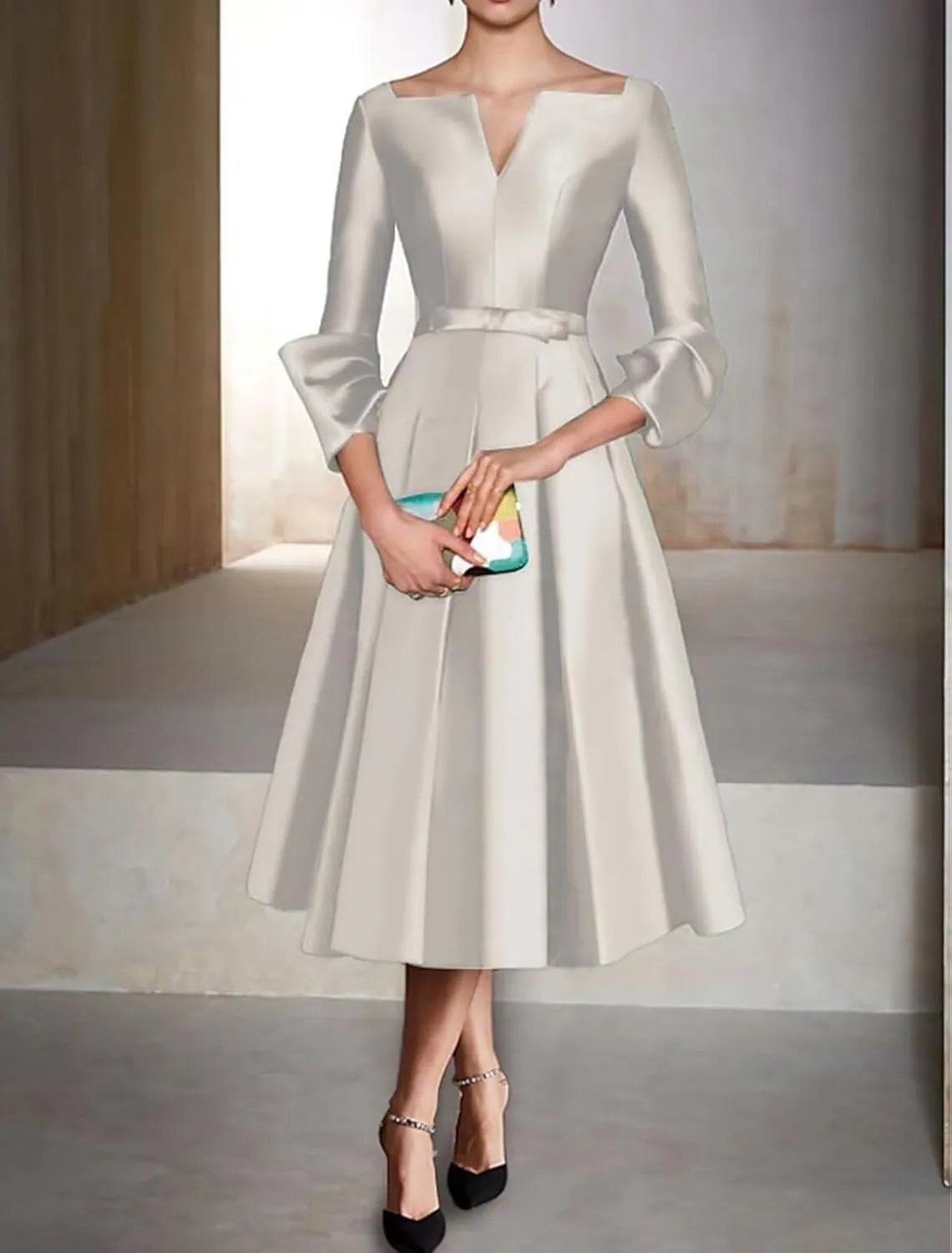 Satin Mother of The Bride Dresses for Women Tea Length Long Sleeves Wedding Guest Dress A Line Evening Gown