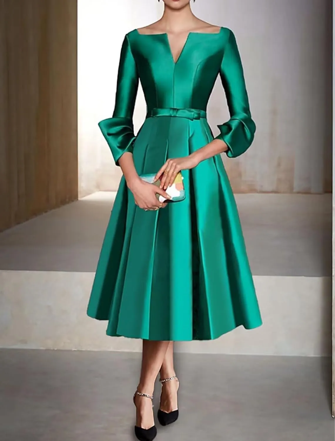 Satin Mother of The Bride Dresses for Women Tea Length Long Sleeves Wedding Guest Dress A Line Evening Gown