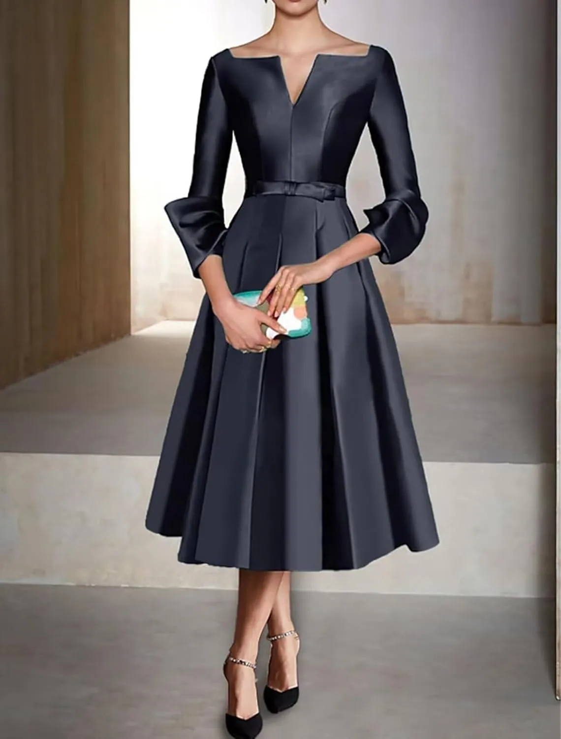 Satin Mother of The Bride Dresses for Women Tea Length Long Sleeves Wedding Guest Dress A Line Evening Gown