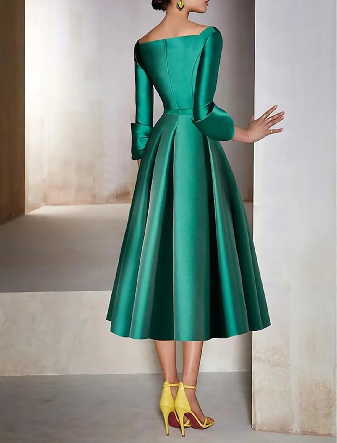 Satin Mother of The Bride Dresses for Women Tea Length Long Sleeves Wedding Guest Dress A Line Evening Gown