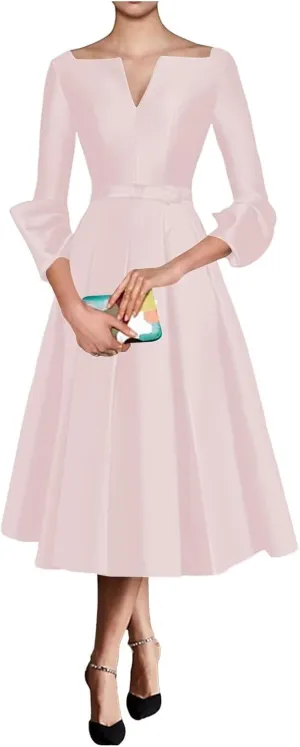 Satin Mother of The Bride Dresses for Women Tea Length Long Sleeves Wedding Guest Dress A Line Evening Gown