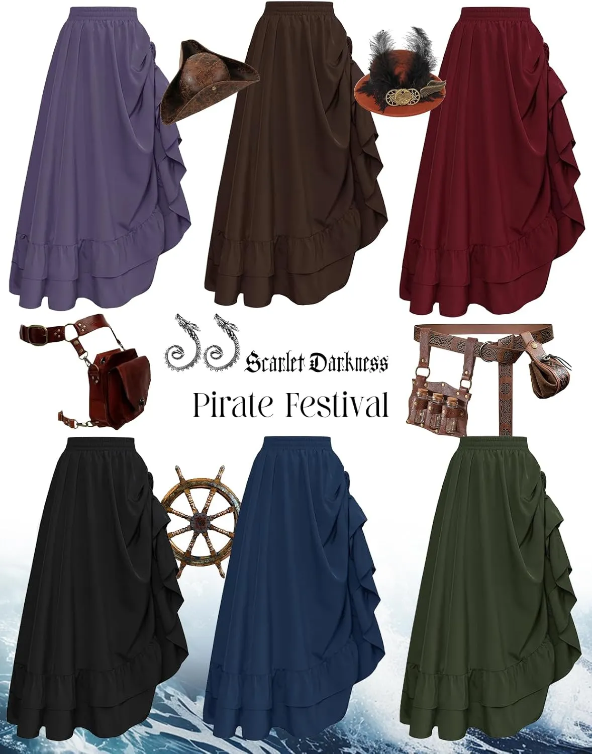 Scarlet Darkness Women Renaissance Skirt Medieval Ruffle Layered Maxi Skirts
