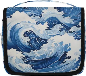 Sea Waves Hanging Travel Toiletry Bag Kit Makeup Case Cosmetics Organizer Blue Sea Toiletry Bag for Women Make up Accessories Shampoo Body Cream Brushes Set