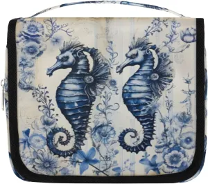 Seahorse Hanging Travel Toiletry Bag Kit Makeup Case Cosmetics Organizer Underwater Seahorse Toiletry Bag for Women Make up Accessories Shampoo Body Cream Brushes Set