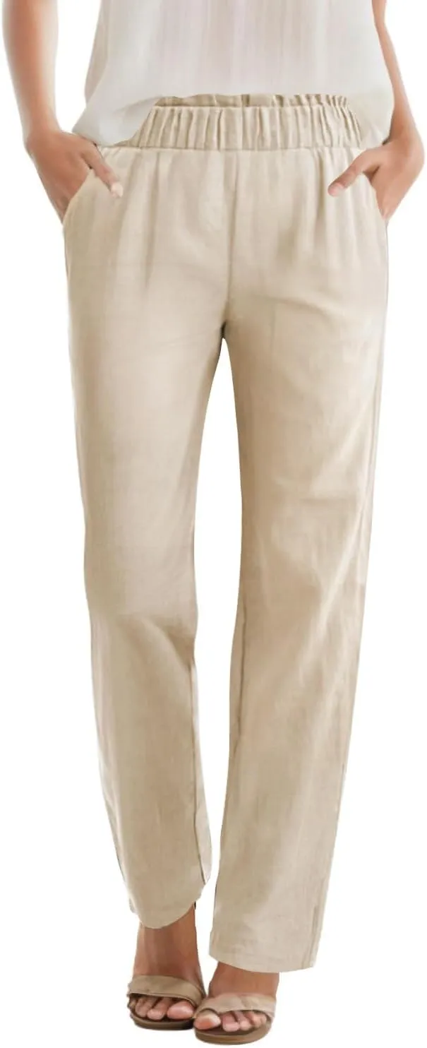 SEMARO Womens Casual High Waisted Linen Feel Pants Tapered Vacation Lounge Pants Trousers with Pockets