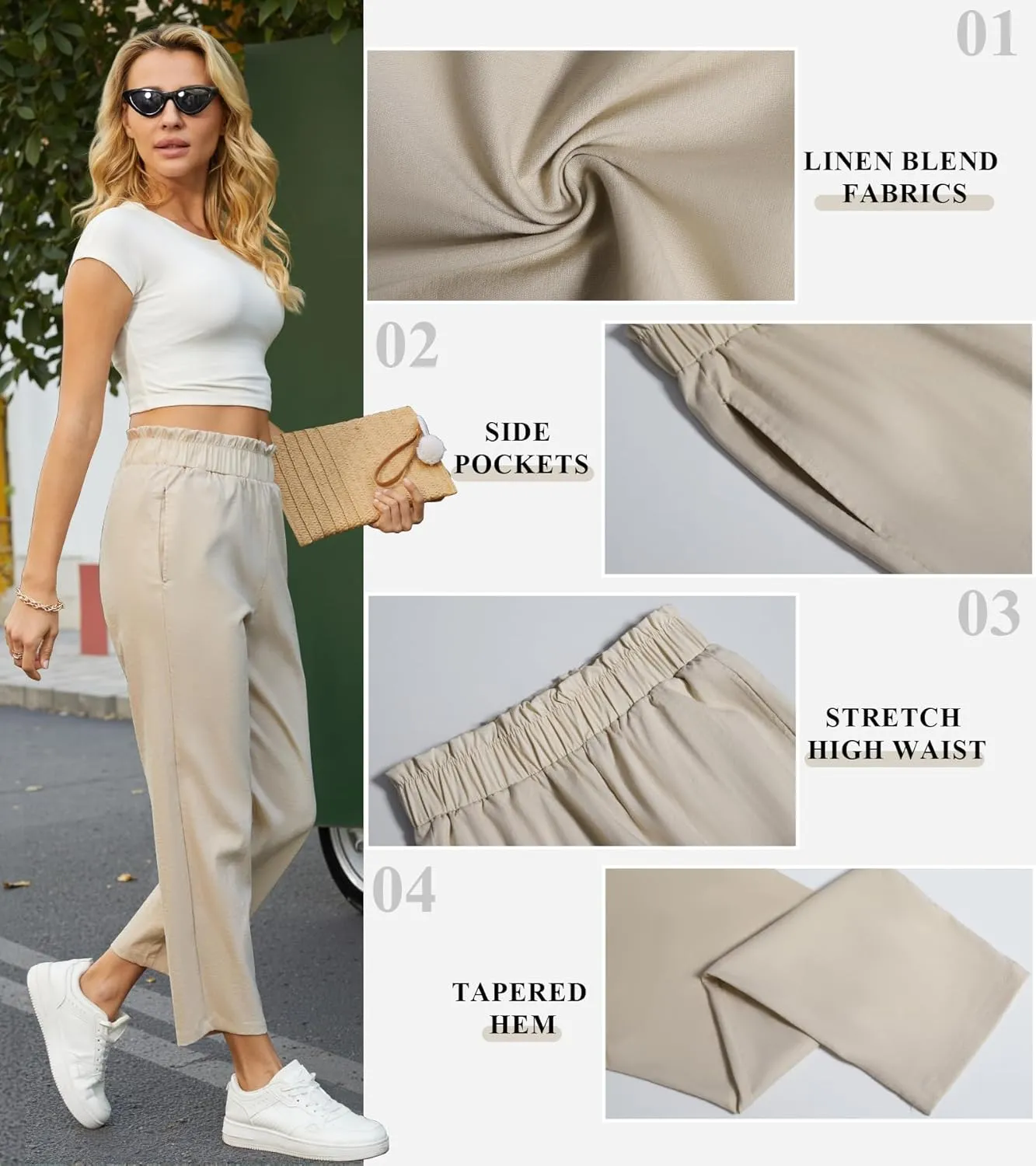 SEMARO Womens Casual High Waisted Linen Feel Pants Tapered Vacation Lounge Pants Trousers with Pockets