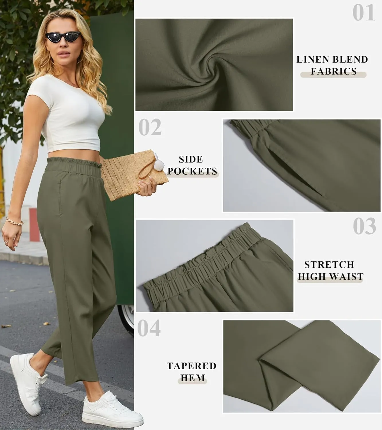SEMARO Womens Casual High Waisted Linen Feel Pants Tapered Vacation Lounge Pants Trousers with Pockets