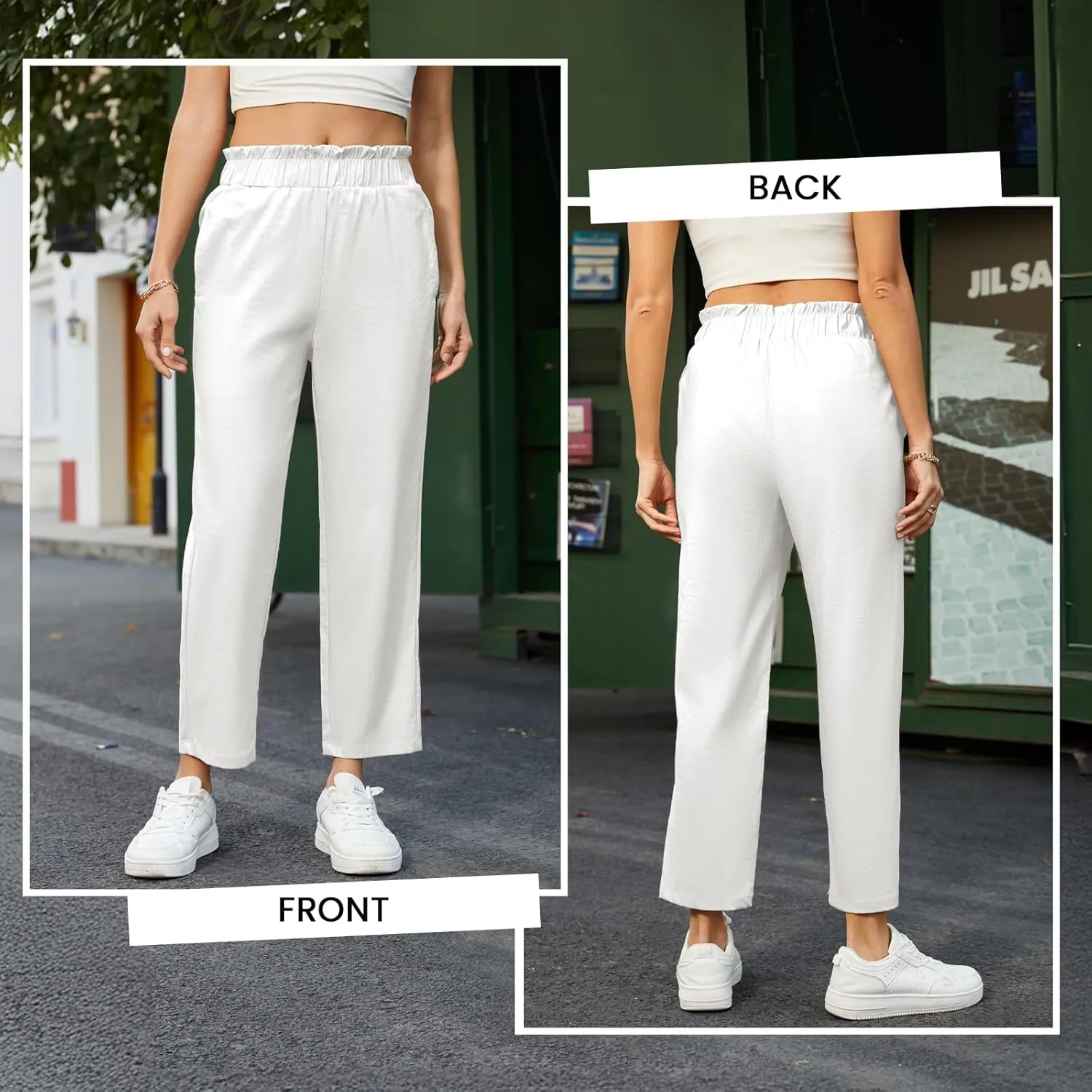 SEMARO Womens Casual High Waisted Linen Feel Pants Tapered Vacation Lounge Pants Trousers with Pockets