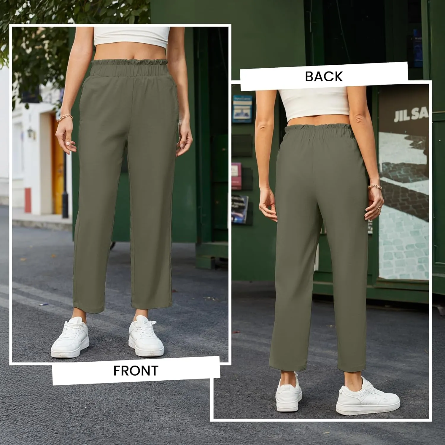 SEMARO Womens Casual High Waisted Linen Feel Pants Tapered Vacation Lounge Pants Trousers with Pockets