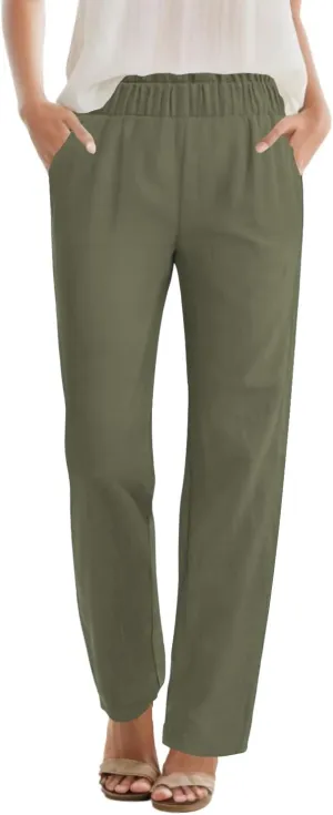 SEMARO Womens Casual High Waisted Linen Feel Pants Tapered Vacation Lounge Pants Trousers with Pockets