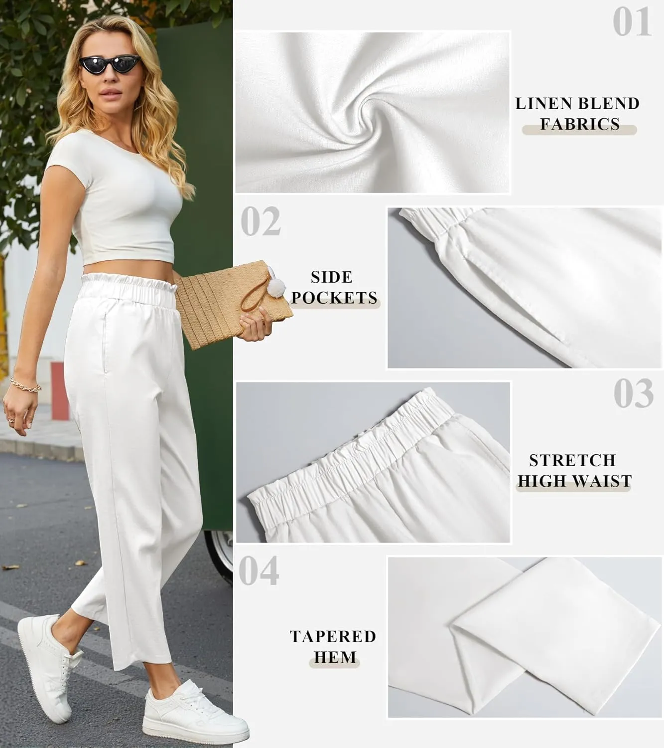 SEMARO Womens Casual High Waisted Linen Feel Pants Tapered Vacation Lounge Pants Trousers with Pockets