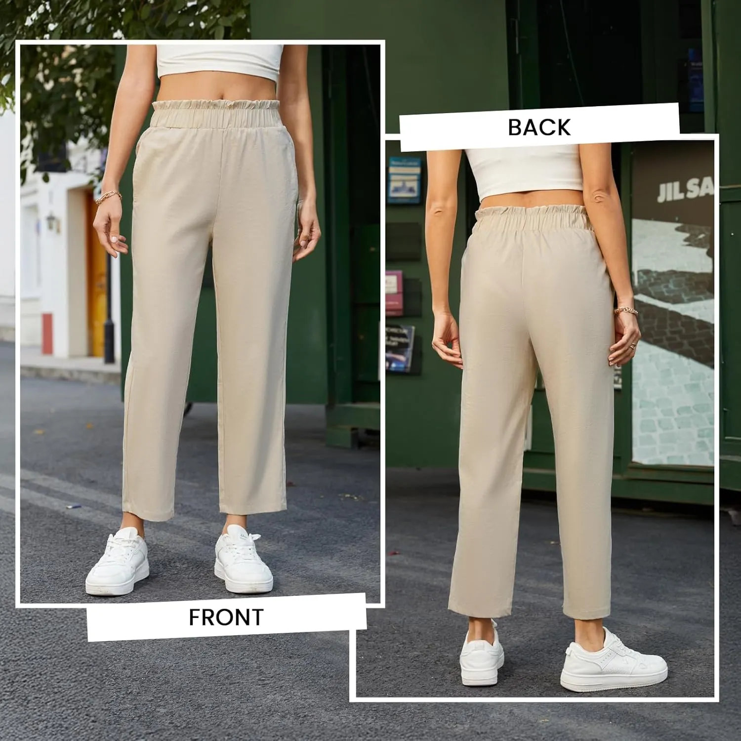 SEMARO Womens Casual High Waisted Linen Feel Pants Tapered Vacation Lounge Pants Trousers with Pockets