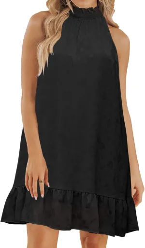SENFURE Womens Flowy Tiered Short Dresses Halter Neck Cute Floral Mini Dresses Chiffon Babydoll A Line Beach Sundress Black