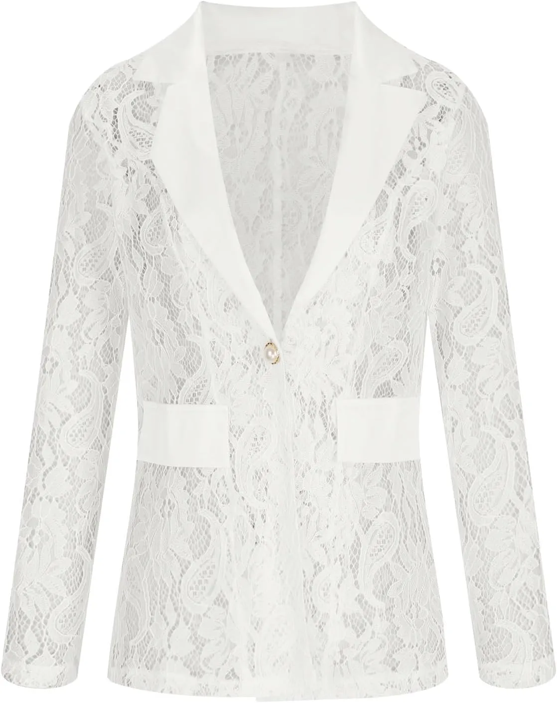 Sexy Lace Mesh Blazer for Women Elegant Lace Crochet Single-Breasted Blazer Jacket Dressy Casual Open Front Suit Coat