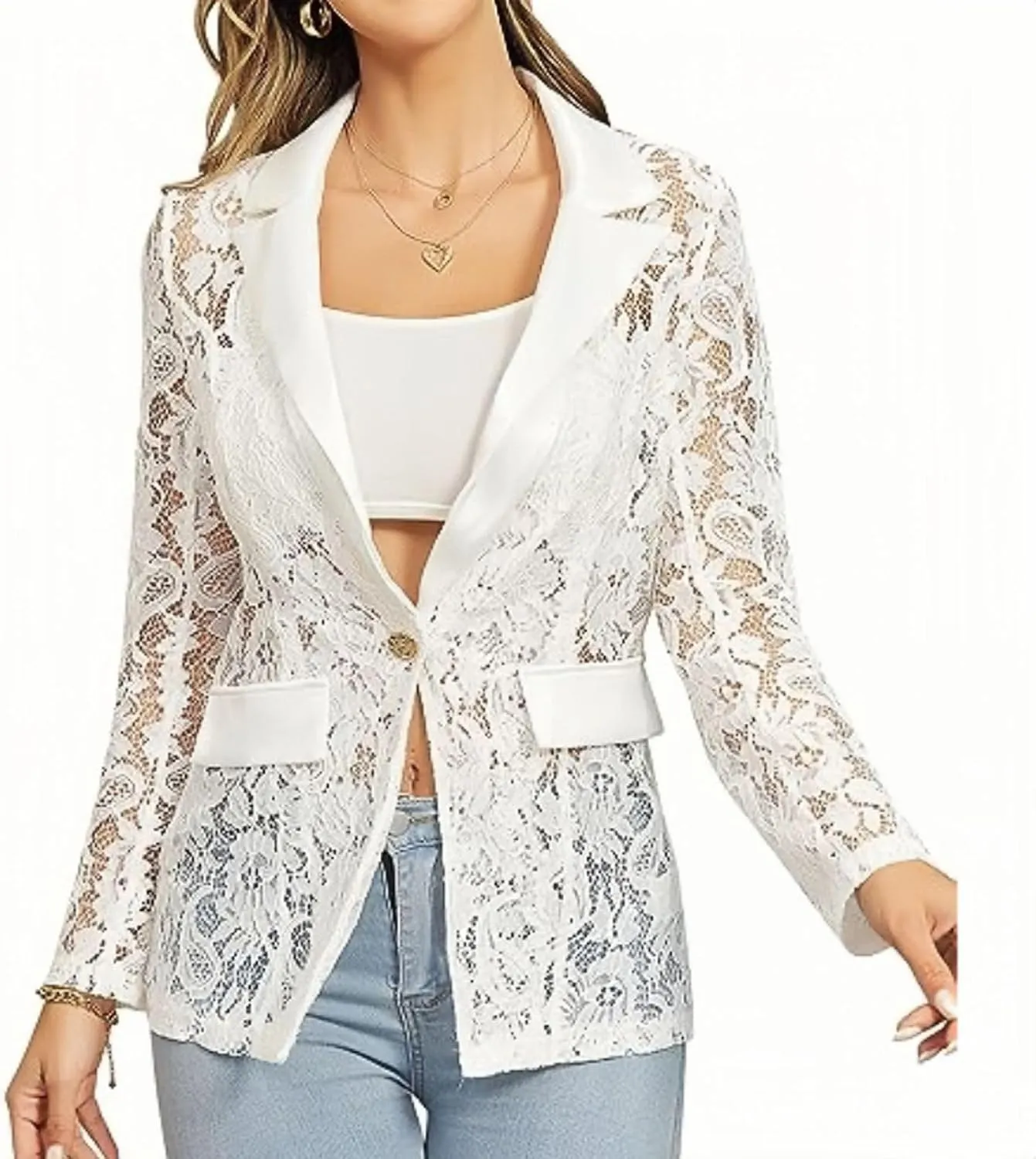 Sexy Lace Mesh Blazer for Women Elegant Lace Crochet Single-Breasted Blazer Jacket Dressy Casual Open Front Suit Coat