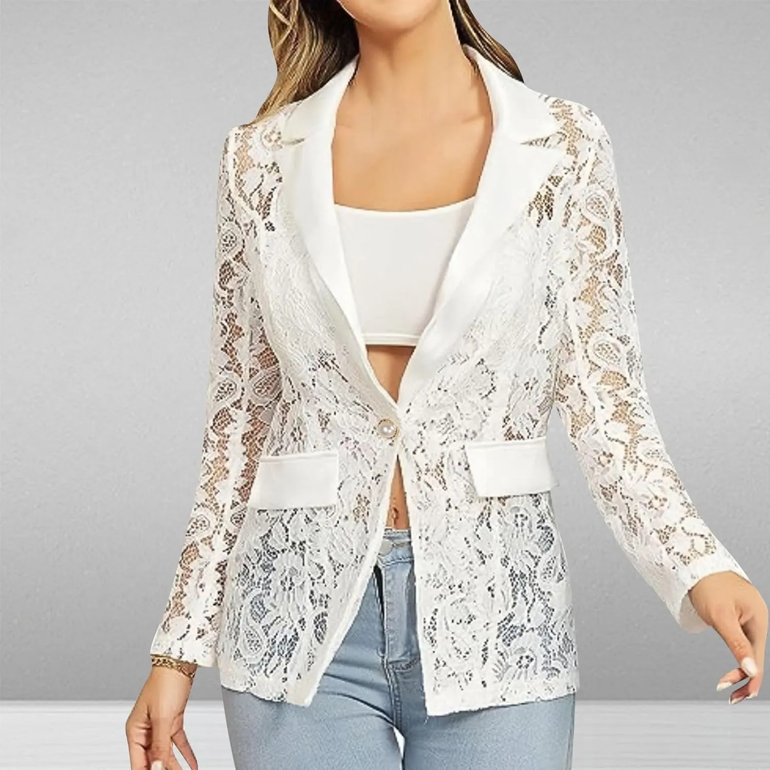 Sexy Lace Mesh Blazer for Women Elegant Lace Crochet Single-Breasted Blazer Jacket Dressy Casual Open Front Suit Coat