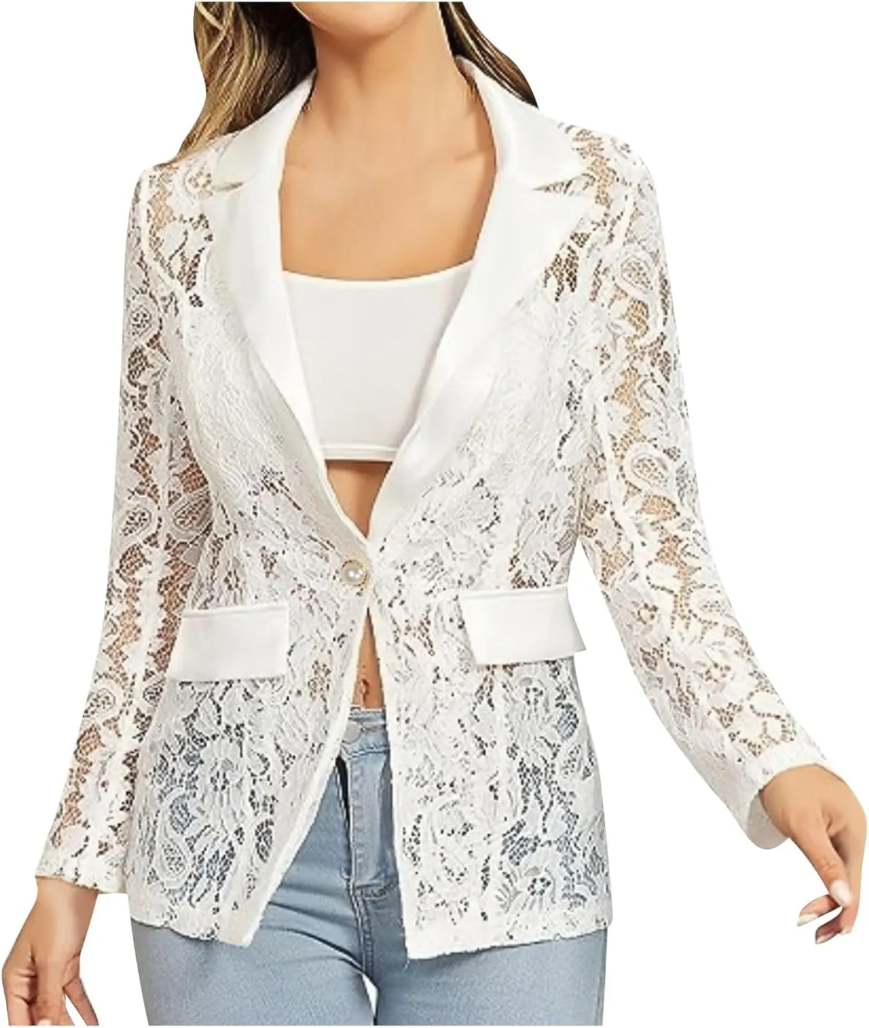 Sexy Lace Mesh Blazer for Women Elegant Lace Crochet Single-Breasted Blazer Jacket Dressy Casual Open Front Suit Coat