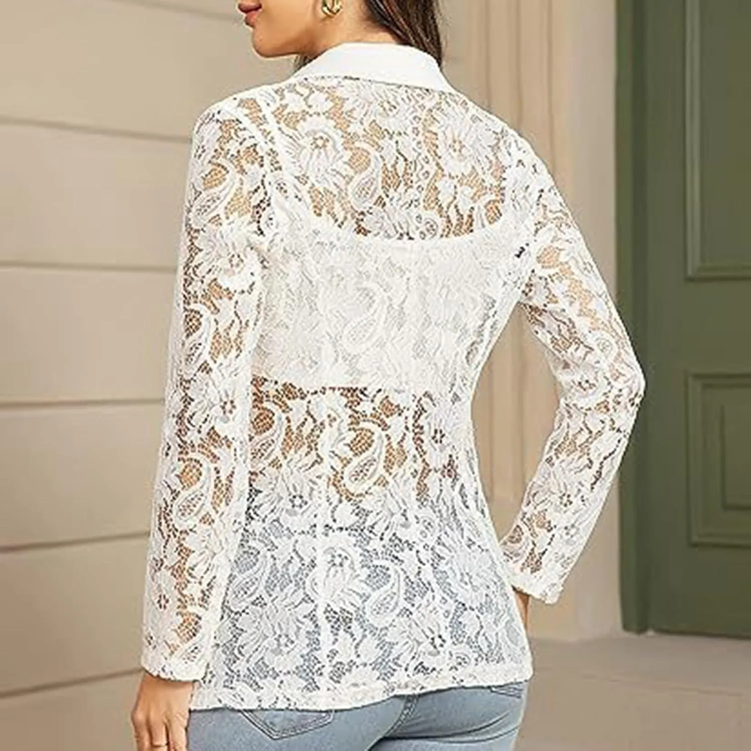 Sexy Lace Mesh Blazer for Women Elegant Lace Crochet Single-Breasted Blazer Jacket Dressy Casual Open Front Suit Coat