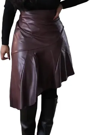 Sexyshine Women's Faux Leather Skirt High Waist Asymmetrical Hi-Low Hem Ruffle Pleated Midi Skirt
