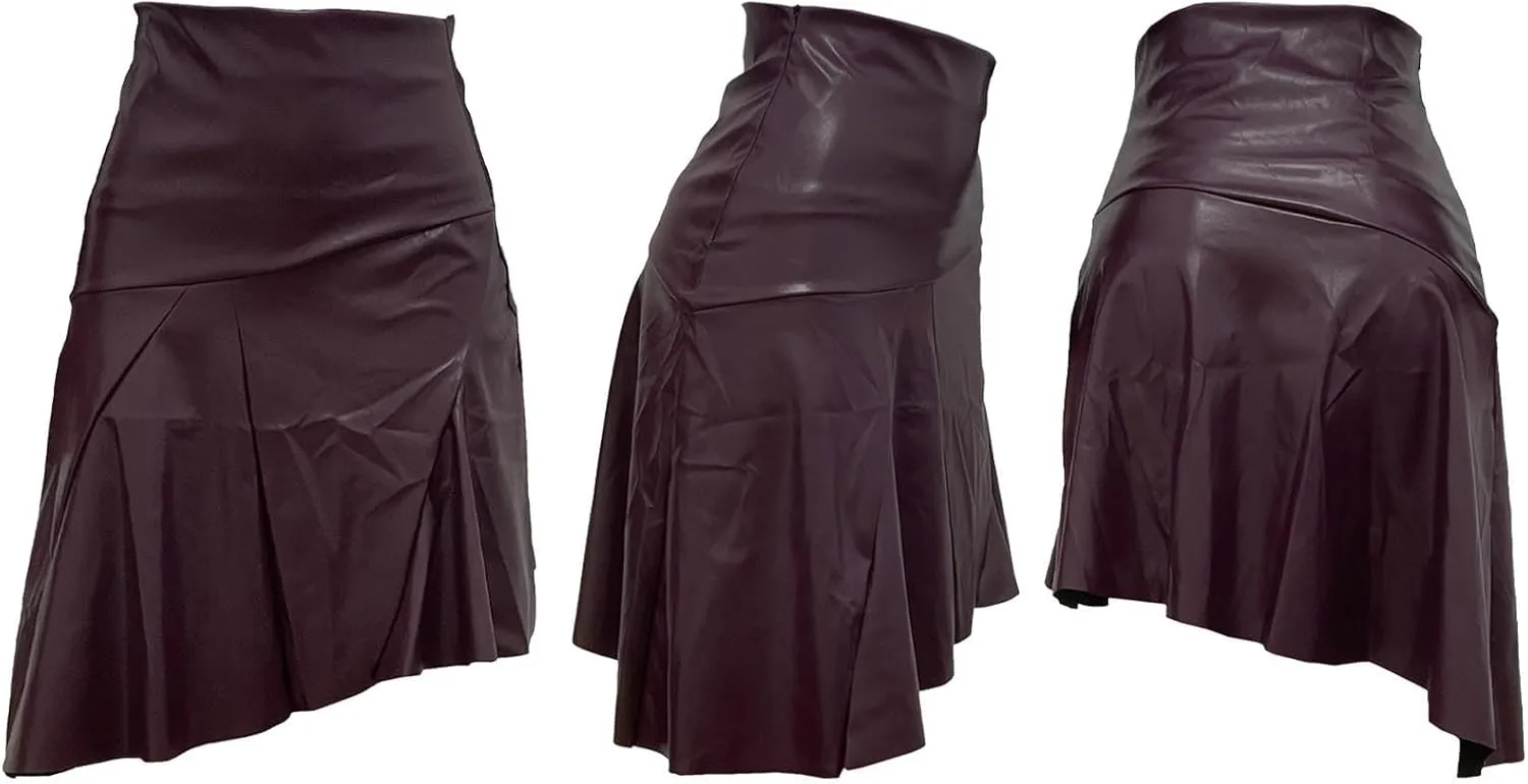 Sexyshine Women's Faux Leather Skirt High Waist Asymmetrical Hi-Low Hem Ruffle Pleated Midi Skirt
