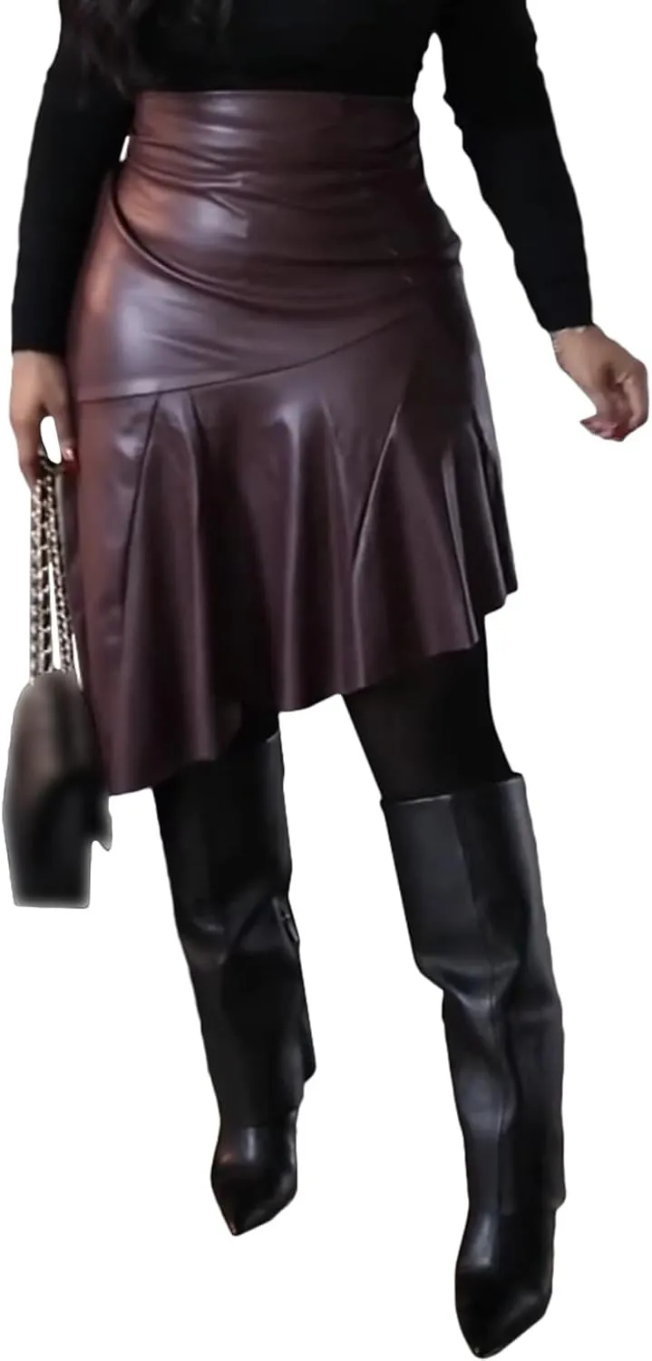 Sexyshine Women's Faux Leather Skirt High Waist Asymmetrical Hi-Low Hem Ruffle Pleated Midi Skirt