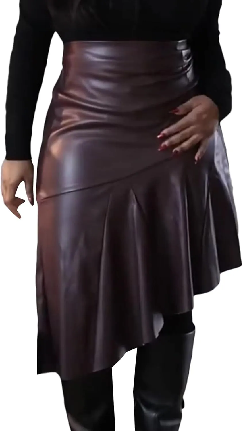 Sexyshine Women's Faux Leather Skirt High Waist Asymmetrical Hi-Low Hem Ruffle Pleated Midi Skirt