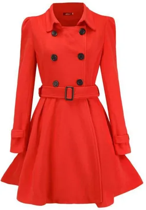 Sexyshine Women's Winter Double Breasted Dress Coats Winter Trench Jacket with Belt A-Line Mid Long Slim Flared Swing Peacoat