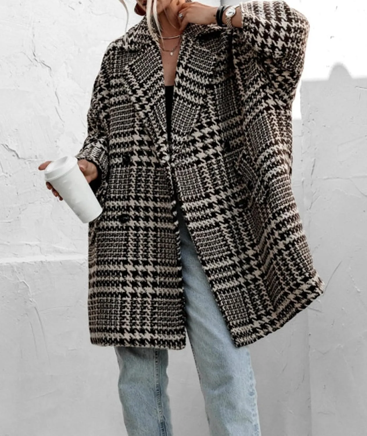 Sexyshine Women's Winter Double Breasted Houndstooth Coat Notch Lapel Plaid Wool Blend Pea Coat Mid Long Outwear Jacket