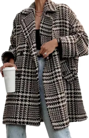 Sexyshine Women's Winter Double Breasted Houndstooth Coat Notch Lapel Plaid Wool Blend Pea Coat Mid Long Outwear Jacket