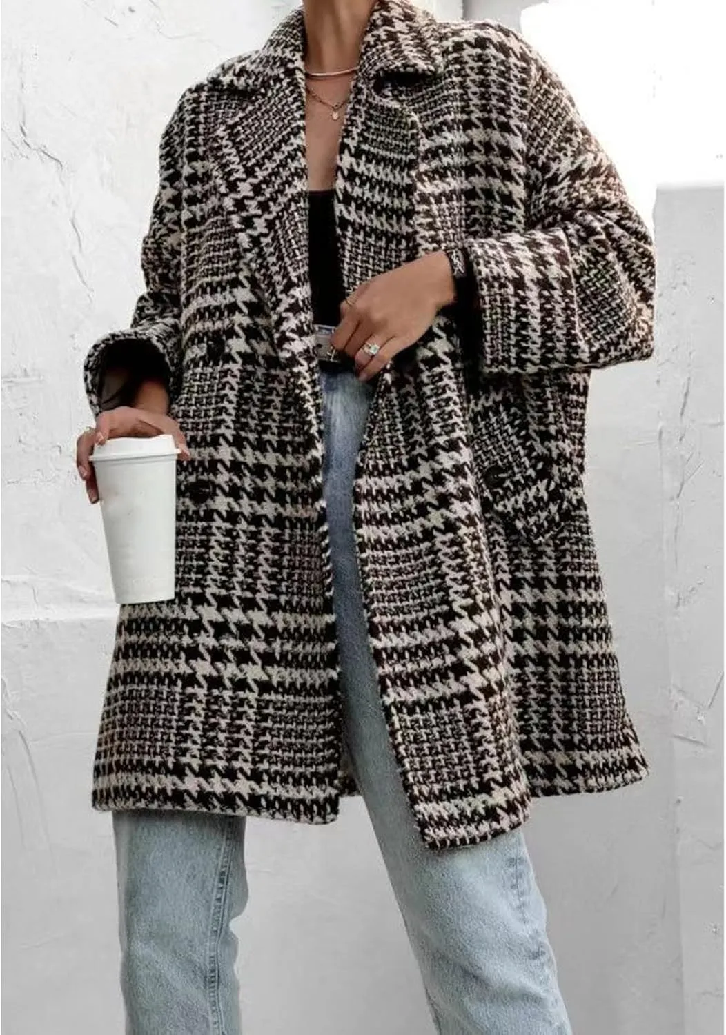 Sexyshine Women's Winter Double Breasted Houndstooth Coat Notch Lapel Plaid Wool Blend Pea Coat Mid Long Outwear Jacket