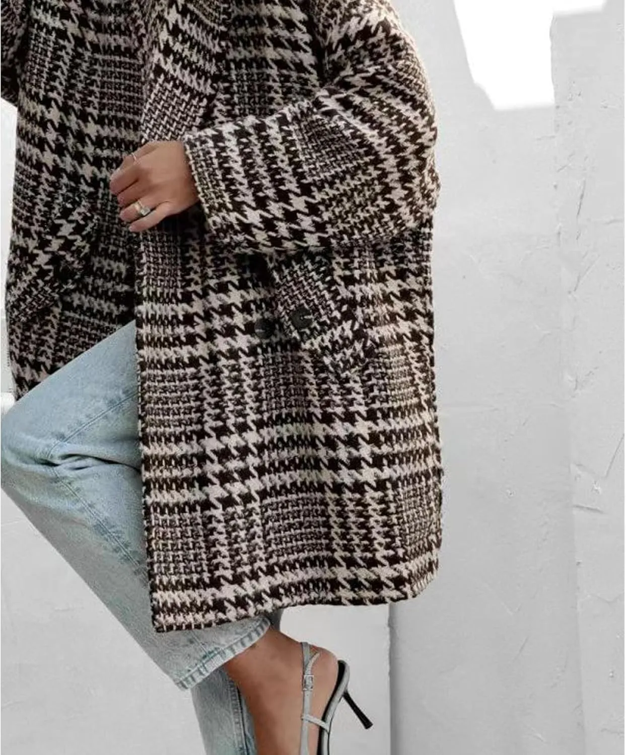 Sexyshine Women's Winter Double Breasted Houndstooth Coat Notch Lapel Plaid Wool Blend Pea Coat Mid Long Outwear Jacket