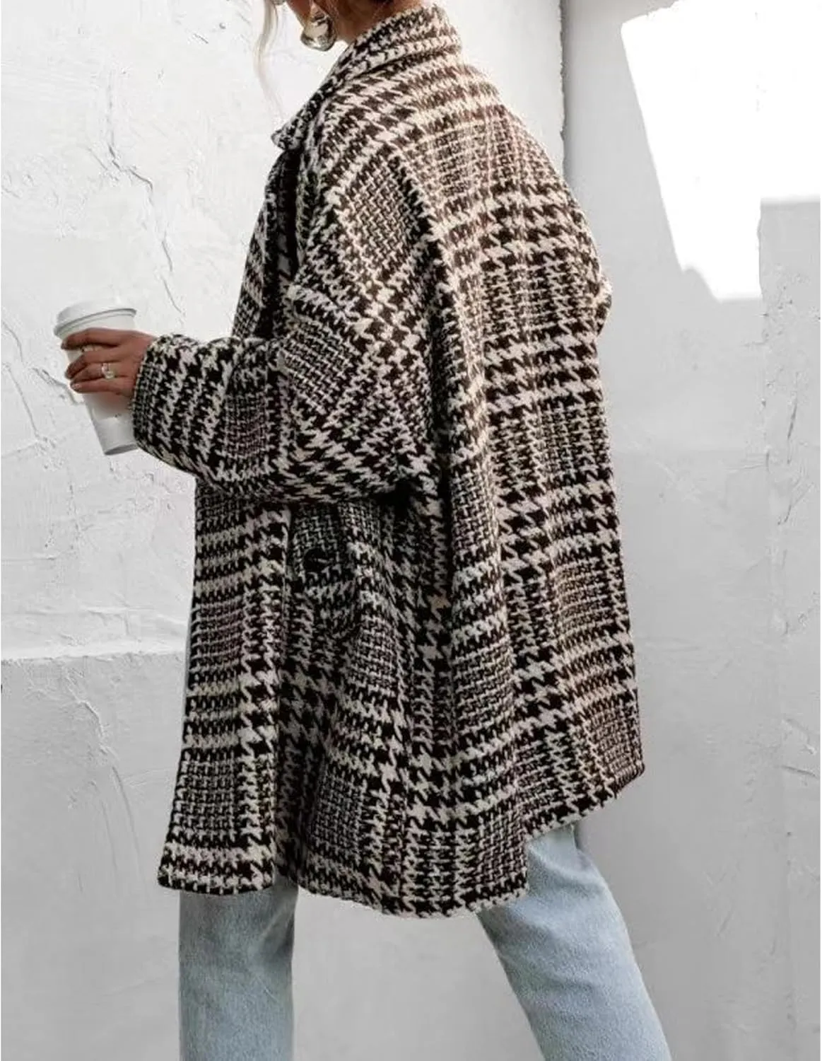 Sexyshine Women's Winter Double Breasted Houndstooth Coat Notch Lapel Plaid Wool Blend Pea Coat Mid Long Outwear Jacket