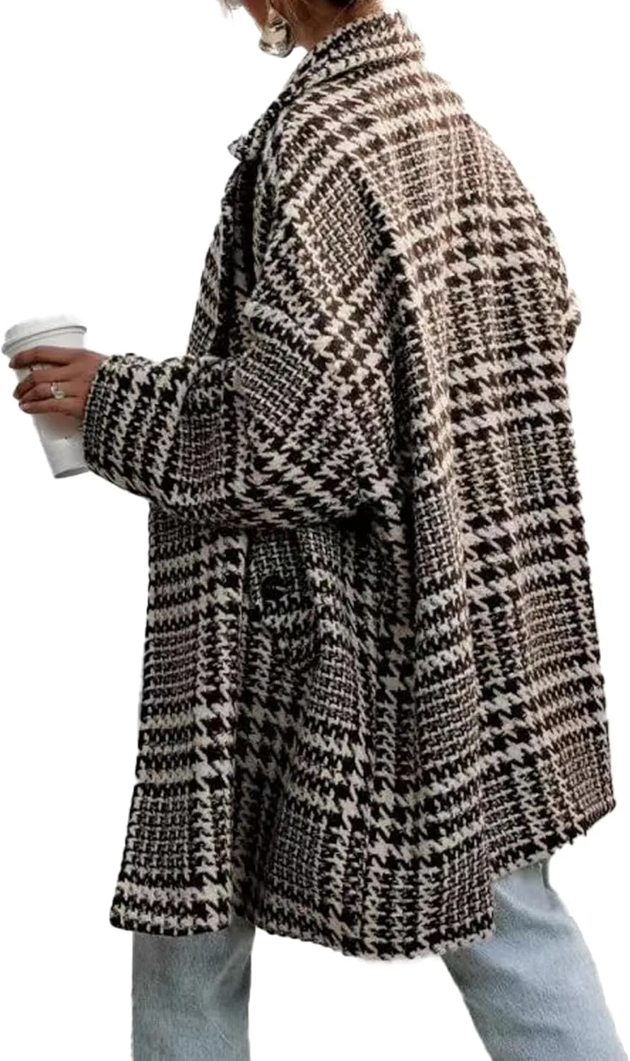 Sexyshine Women's Winter Double Breasted Houndstooth Coat Notch Lapel Plaid Wool Blend Pea Coat Mid Long Outwear Jacket