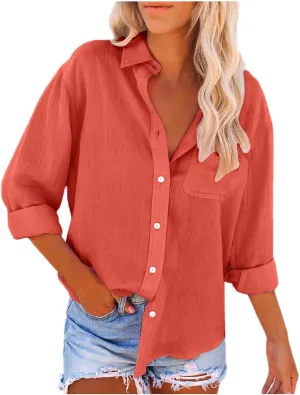 Shirts for Women Long Sleeve Button Down Top Pocket Collared Tunic Solid Loose Casual Daily Womens Fashion Blouses