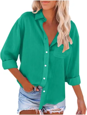 Shirts for Women Long Sleeve Button Down Top Pocket Collared Tunic Solid Loose Casual Daily Womens Fashion Blouses