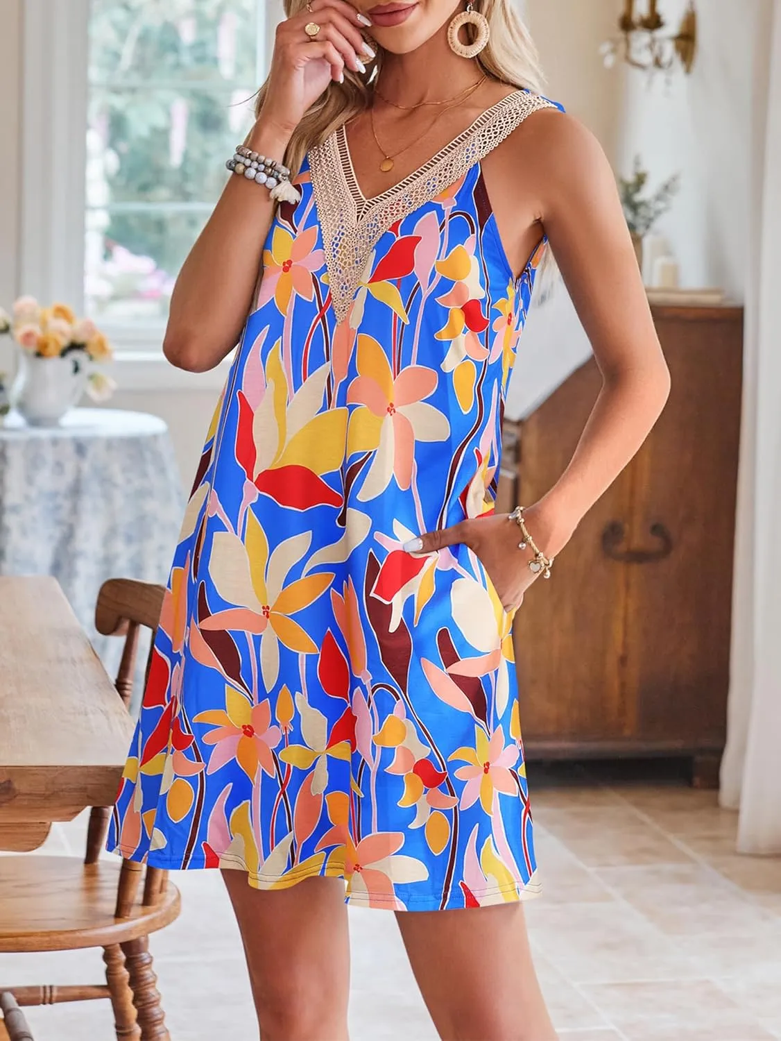 SimpleFun Summer Dresses for Women Beach Lace V-Neck Sundresses Casual Tropical Print Sleeveless Short Dress with Pockets