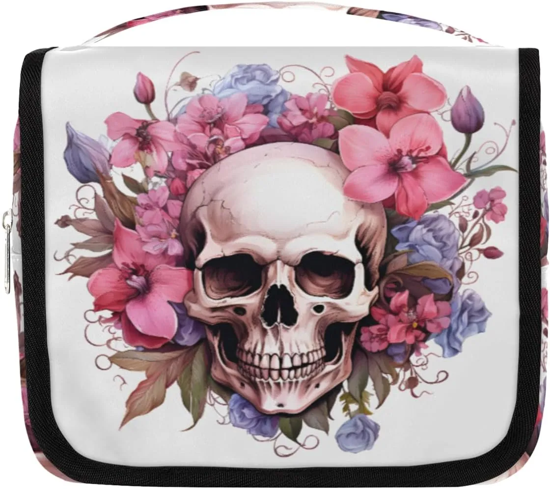 Skull Flowers Hanging Travel Toiletry Bag Kit Makeup Case Cosmetics Organizer Skull Toiletry Bag for Women Make up Accessories Shampoo Body Cream Brushes Set