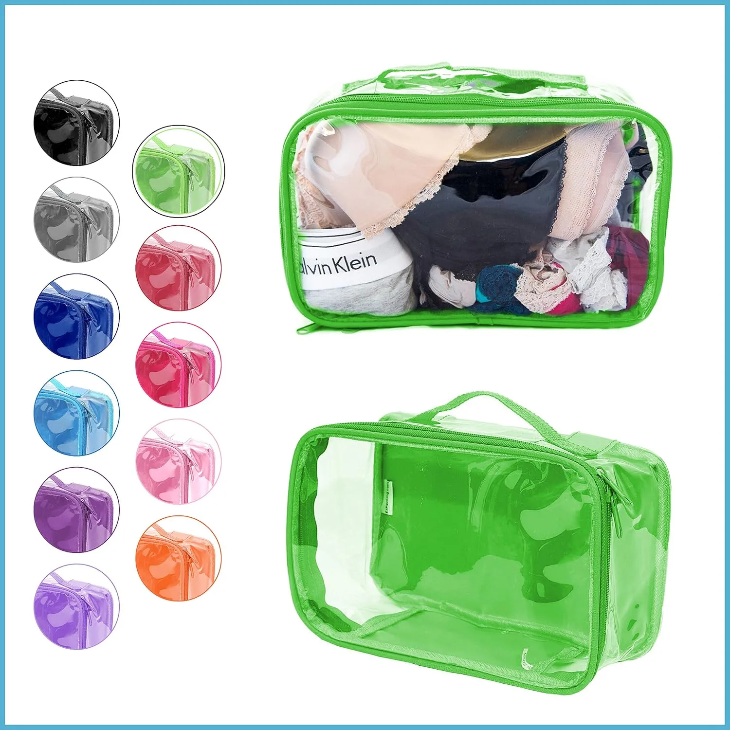 Small Clear Travel Packing Cube/See Through PVC Plastic Pouch for Carry On Suitcase, Backpack or Diaper Bag/Transparent Multipurpose Accessories, Makeup & Underwear Organizer w/Handle (Green)