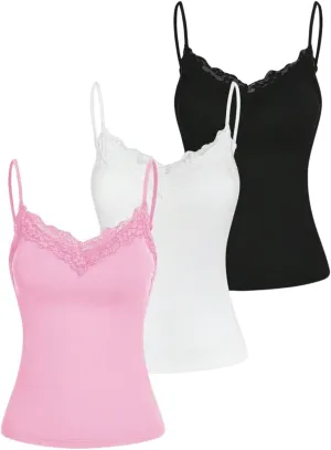 SOLY HUX Women's Camisole Tops with Built in Bra 3 Packs Lace Trim Spaghetti Strap Cami Tank Top