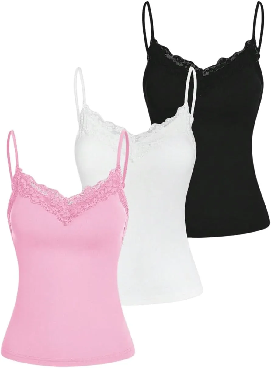 SOLY HUX Women's Camisole Tops with Built in Bra 3 Packs Lace Trim Spaghetti Strap Cami Tank Top