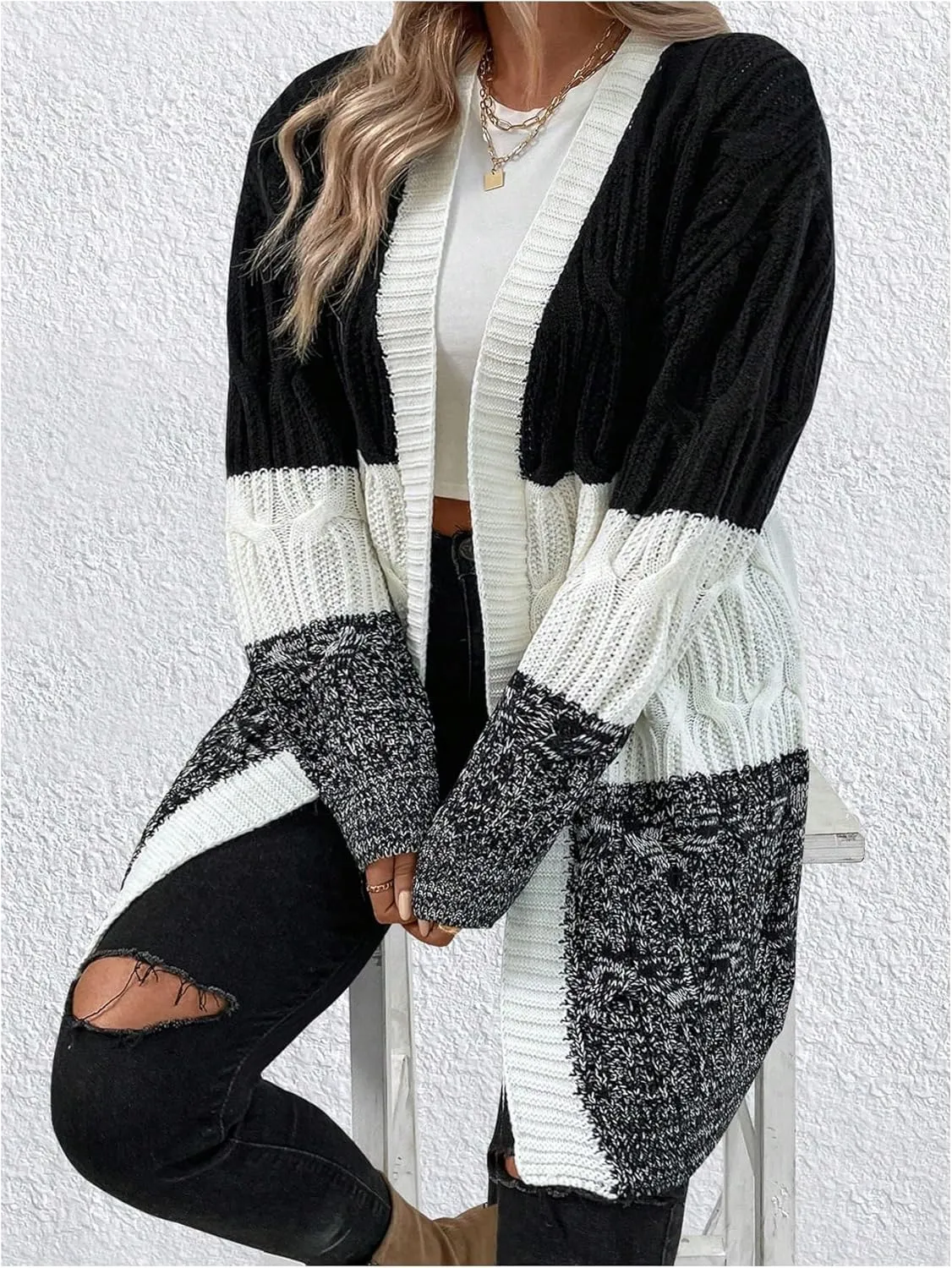 SOLY HUX Women's Plus Size Color Block Cardigan Sweater Open Front Long Sleeve Casual Cardigans