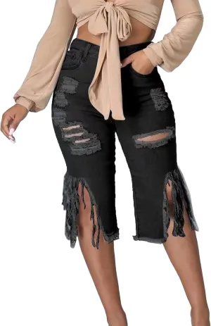 SOMTHRON Women's High Waisted Chain Ripped Capris Jeans Distressed Skinny Denim Shorts Sexy Party Clubwear Streetwear