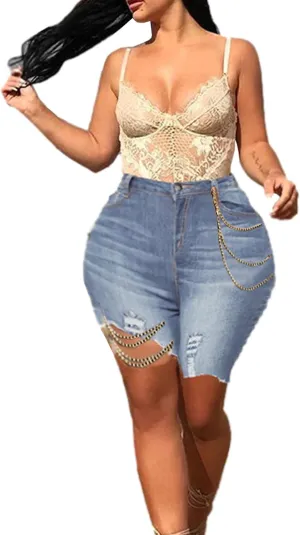 SOMTHRON Women's High Waisted Chain Ripped Capris Jeans Distressed Skinny Denim Shorts Sexy Party Clubwear Streetwear
