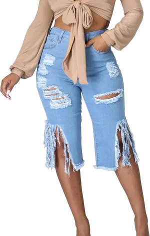 SOMTHRON Women's High Waisted Chain Ripped Capris Jeans Distressed Skinny Denim Shorts Sexy Party Clubwear Streetwear