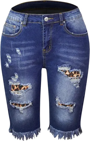 SOMTHRON Women's High Waisted Chain Ripped Capris Jeans Distressed Skinny Denim Shorts Sexy Party Clubwear Streetwear